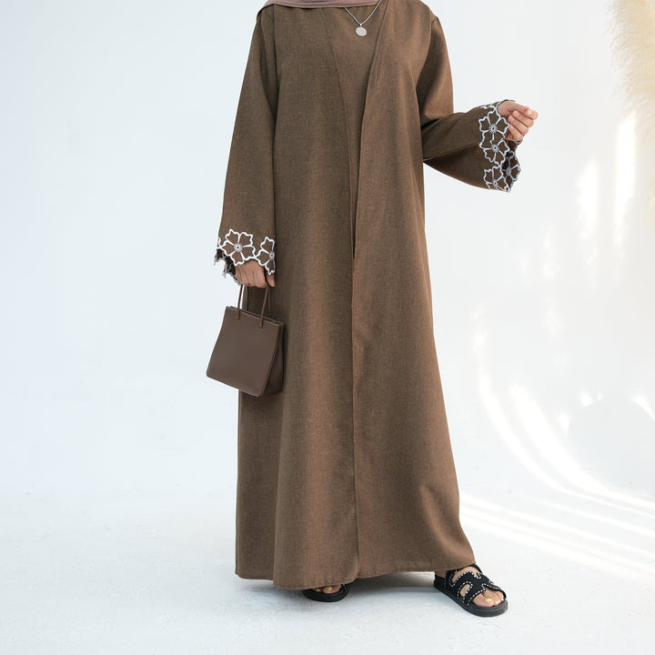 Get trendy with Shiya Textured Abaya Set - Brown -  available at Voilee NY. Grab yours for $79.90 today!