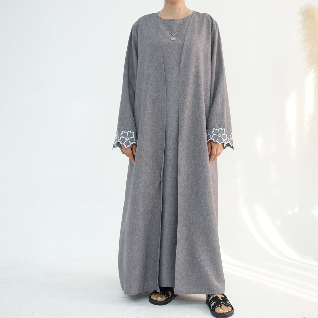 Get trendy with Shiya Textured Abaya Set - Gray -  available at Voilee NY. Grab yours for $79.90 today!