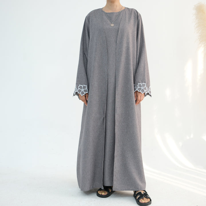 Get trendy with Shiya Textured Abaya Set - Gray -  available at Voilee NY. Grab yours for $79.90 today!