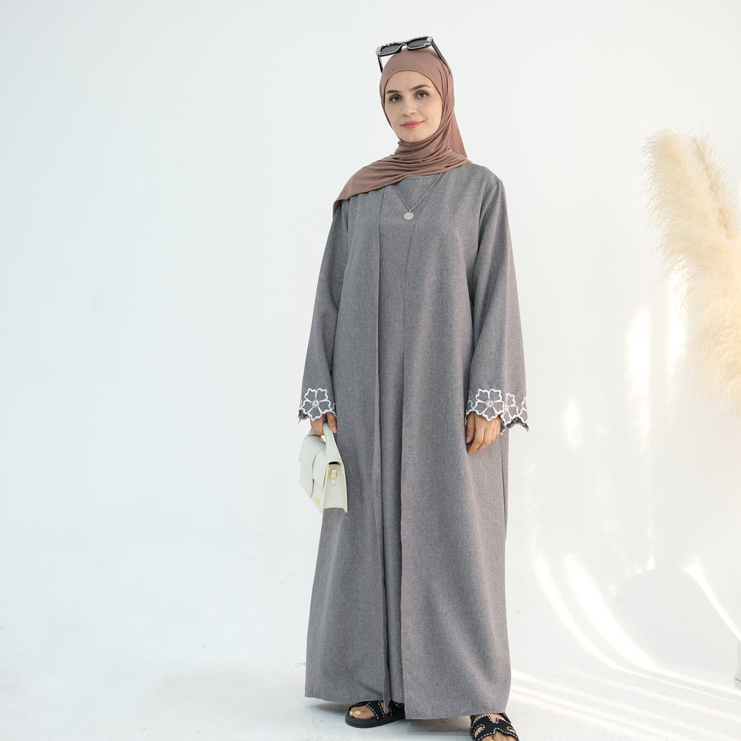 Get trendy with Shiya Textured Abaya Set - Gray -  available at Voilee NY. Grab yours for $79.90 today!