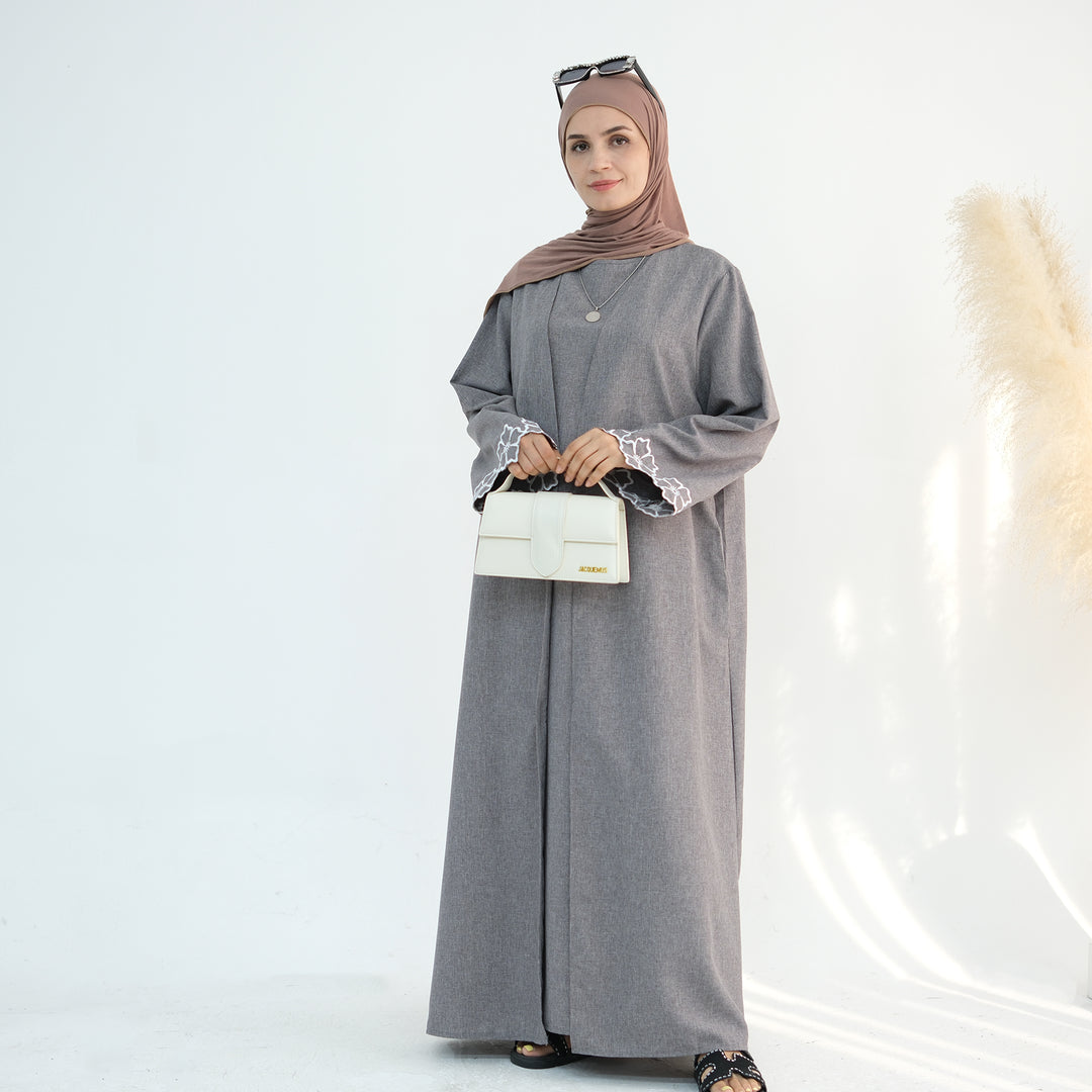 Get trendy with Shiya Textured Abaya Set - Gray -  available at Voilee NY. Grab yours for $79.90 today!