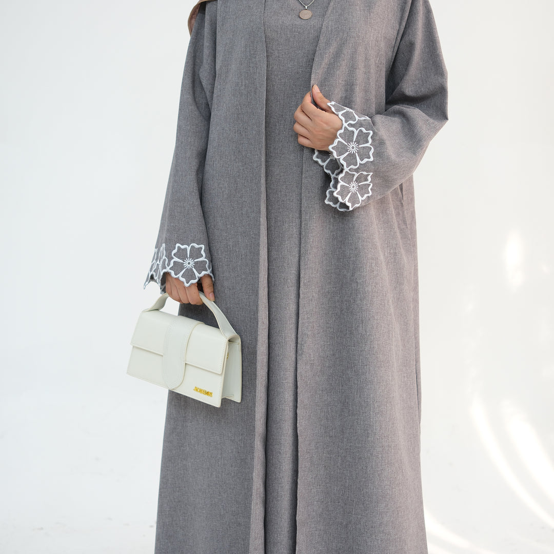 Get trendy with Shiya Textured Abaya Set - Gray -  available at Voilee NY. Grab yours for $79.90 today!