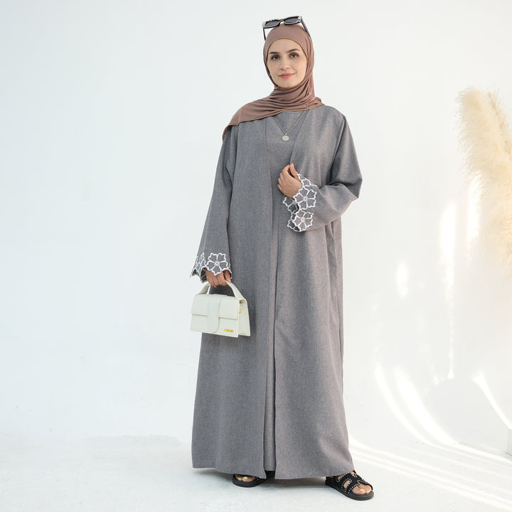 Get trendy with Shiya Textured Abaya Set - Gray -  available at Voilee NY. Grab yours for $79.90 today!