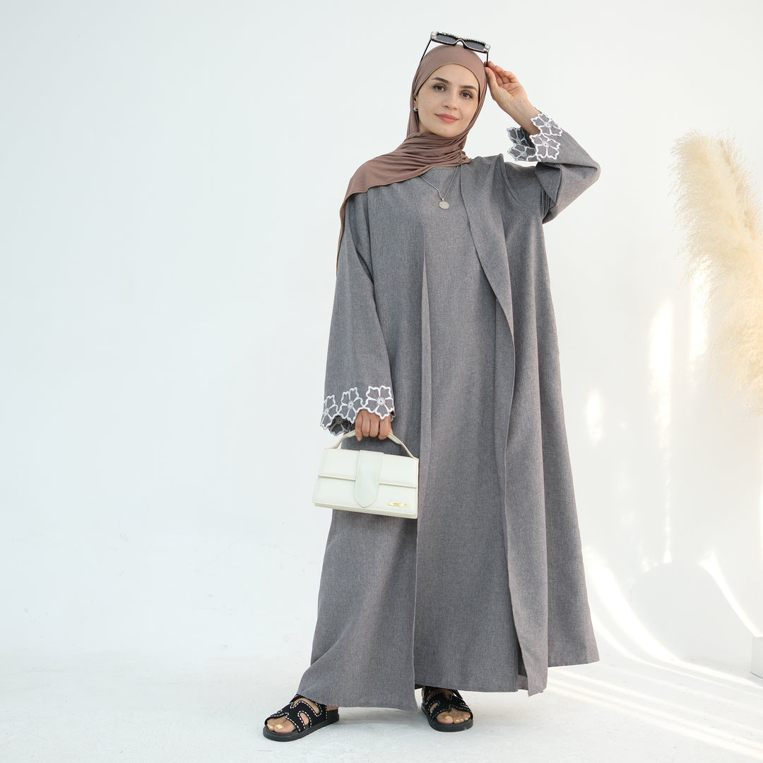 Get trendy with Shiya Textured Abaya Set - Gray -  available at Voilee NY. Grab yours for $79.90 today!