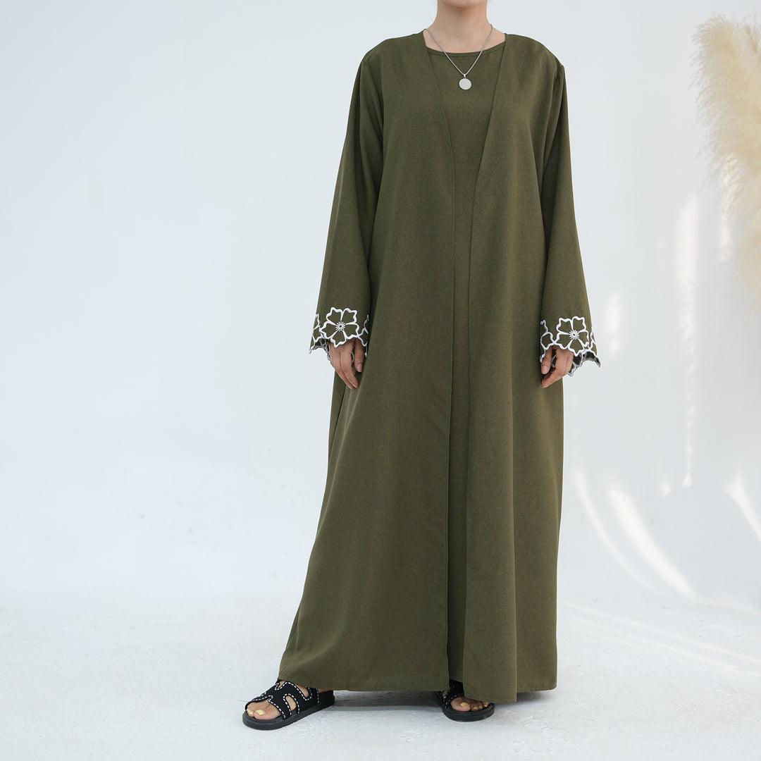 Get trendy with Shiya Textured Abaya Set - Olive -  available at Voilee NY. Grab yours for $79.90 today!