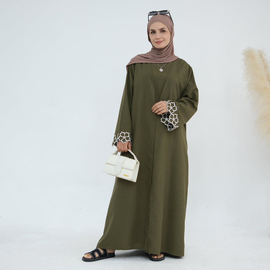 Get trendy with Shiya Textured Abaya Set - Olive -  available at Voilee NY. Grab yours for $79.90 today!