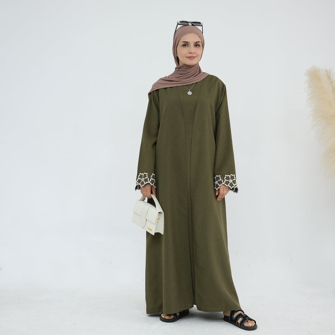 Get trendy with Shiya Textured Abaya Set - Olive -  available at Voilee NY. Grab yours for $79.90 today!