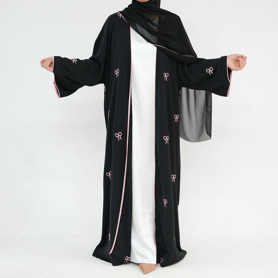 Get trendy with Iona Bowtie Open Abaya Kimono Set - Black - Cardigan available at Voilee NY. Grab yours for $67.90 today!