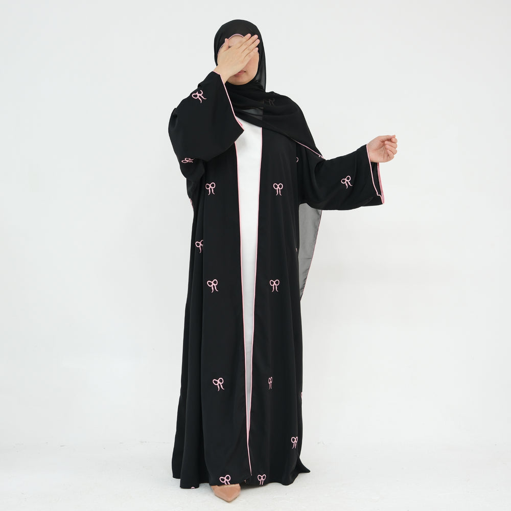 Get trendy with Iona Bowtie Open Abaya Kimono Set - Black - Cardigan available at Voilee NY. Grab yours for $67.90 today!