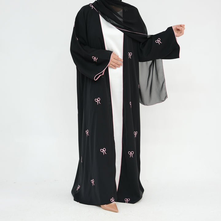 Get trendy with Iona Bowtie Open Abaya Kimono Set - Black - Cardigan available at Voilee NY. Grab yours for $67.90 today!