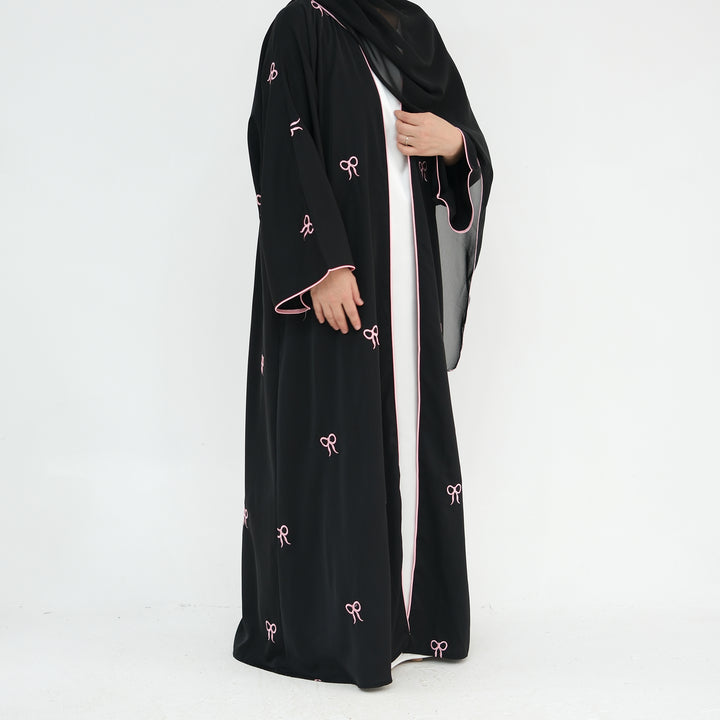 Get trendy with Iona Bowtie Open Abaya Kimono Set - Black - Cardigan available at Voilee NY. Grab yours for $67.90 today!