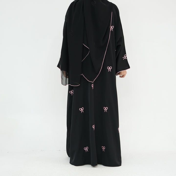 Get trendy with Iona Bowtie Open Abaya Kimono Set - Black - Cardigan available at Voilee NY. Grab yours for $67.90 today!