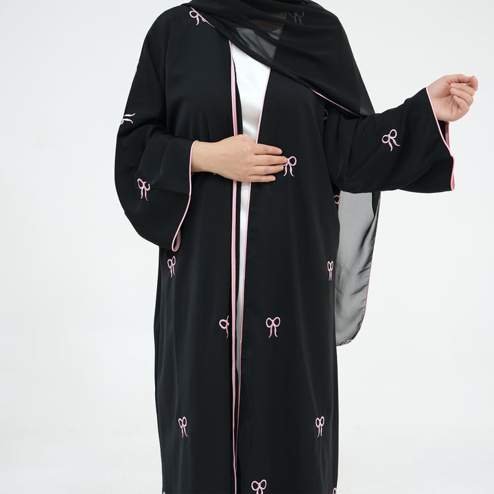 Get trendy with Iona Bowtie Open Abaya Kimono Set - Black - Cardigan available at Voilee NY. Grab yours for $67.90 today!