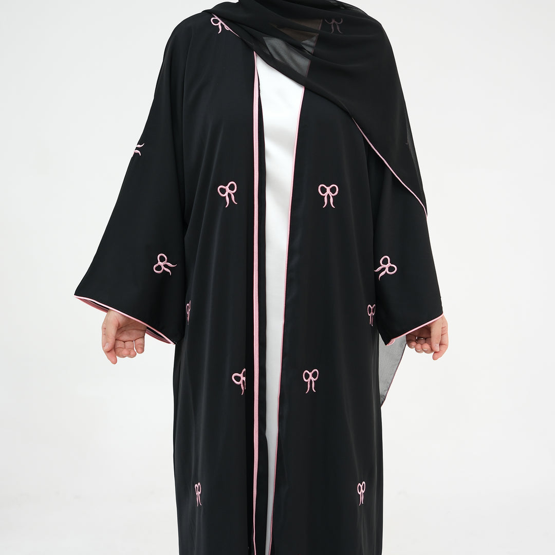 Get trendy with Iona Bowtie Open Abaya Kimono Set - Black - Cardigan available at Voilee NY. Grab yours for $67.90 today!