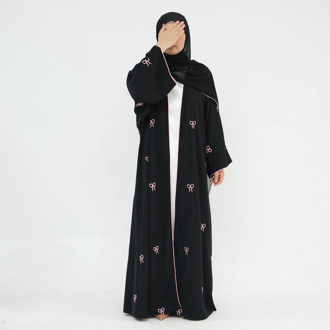 Get trendy with Iona Bowtie Open Abaya Kimono Set - Black - Cardigan available at Voilee NY. Grab yours for $67.90 today!