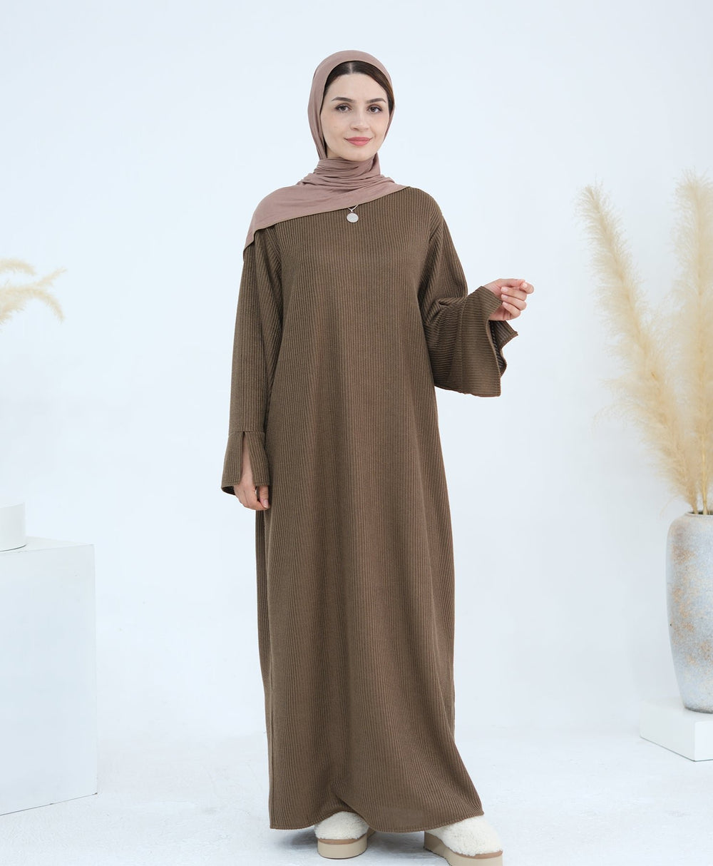 Get trendy with Seline Rib knit  Close Abaya - Brown - Dresses available at Voilee NY. Grab yours for $54.90 today!