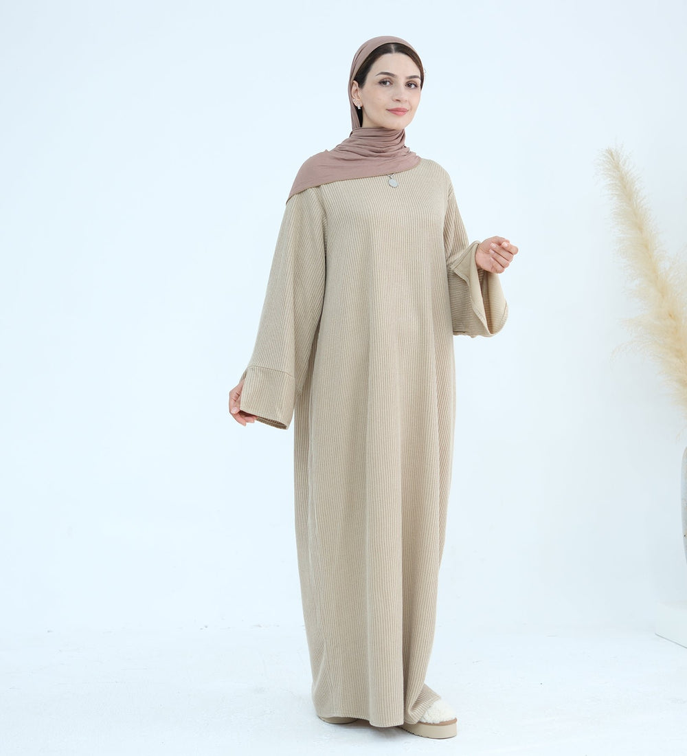 Get trendy with Seline Rib knit  Close Abaya - Beige - Dresses available at Voilee NY. Grab yours for $54.90 today!