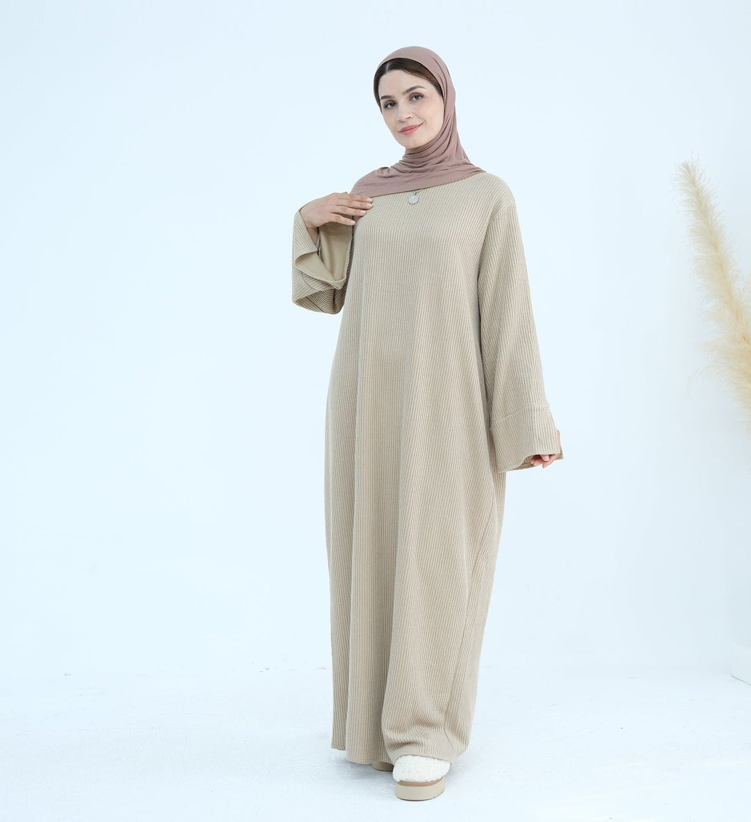 Get trendy with Seline Rib knit  Close Abaya - Beige - Dresses available at Voilee NY. Grab yours for $54.90 today!