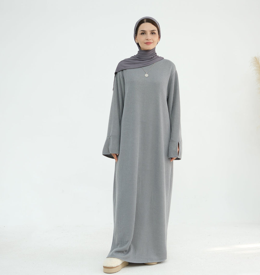 Get trendy with Seline Rib knit  Close Abaya - Light Gray - Dresses available at Voilee NY. Grab yours for $54.90 today!