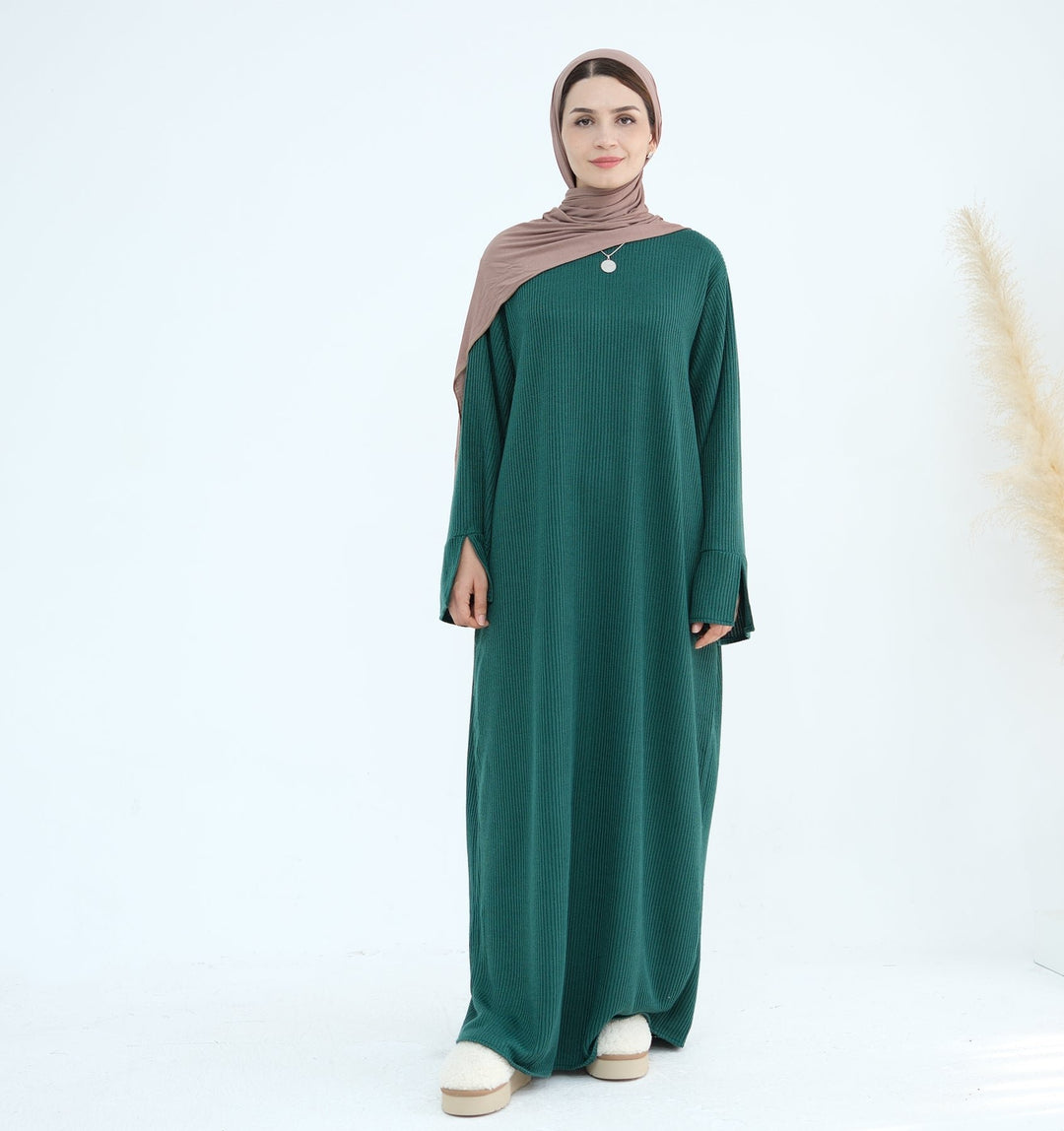 Get trendy with Seline Rib knit  Close Abaya - Emerald - Dresses available at Voilee NY. Grab yours for $54.90 today!