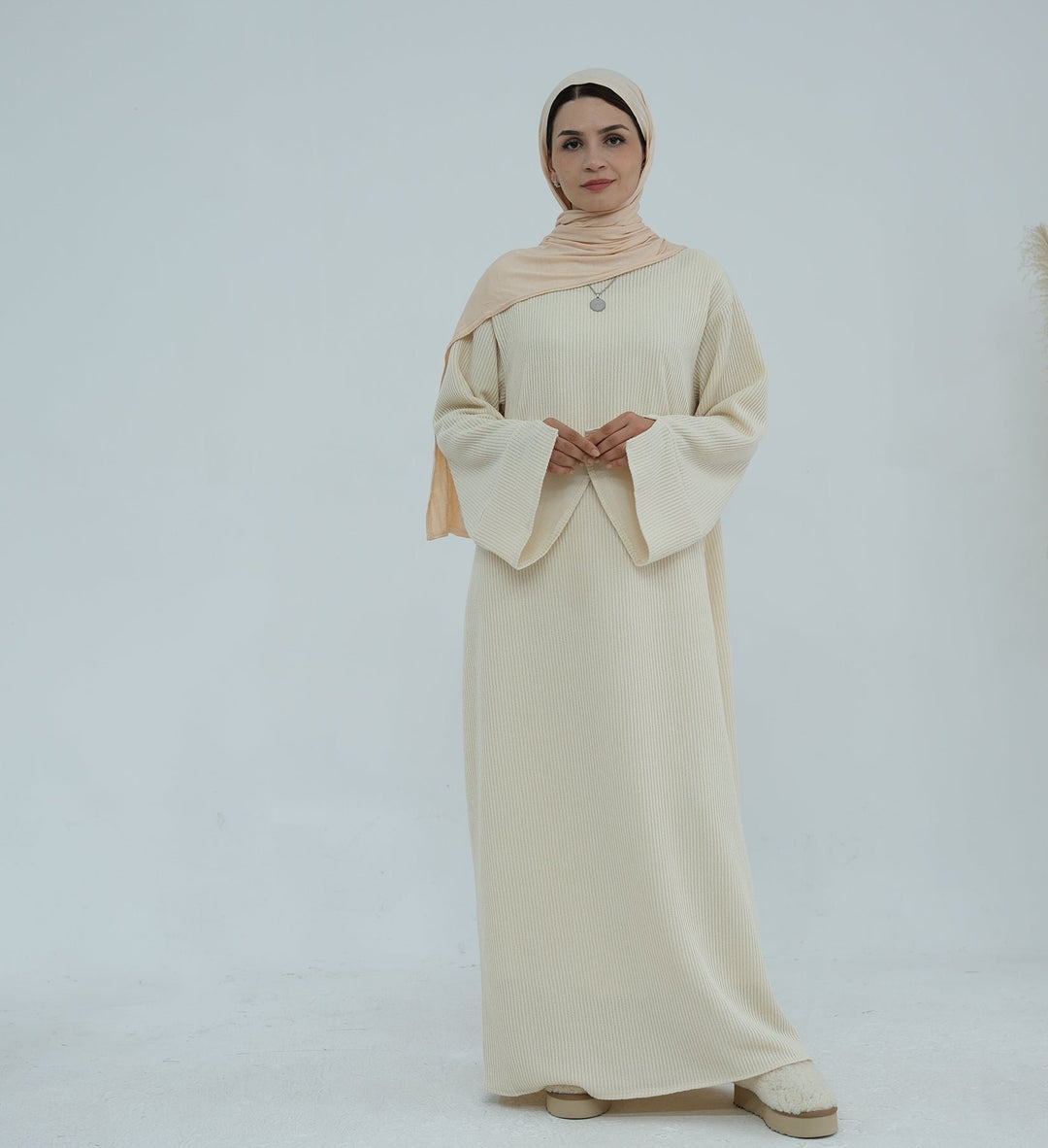 Get trendy with Seline Rib knit  Close Abaya - Sand - Dresses available at Voilee NY. Grab yours for $54.90 today!