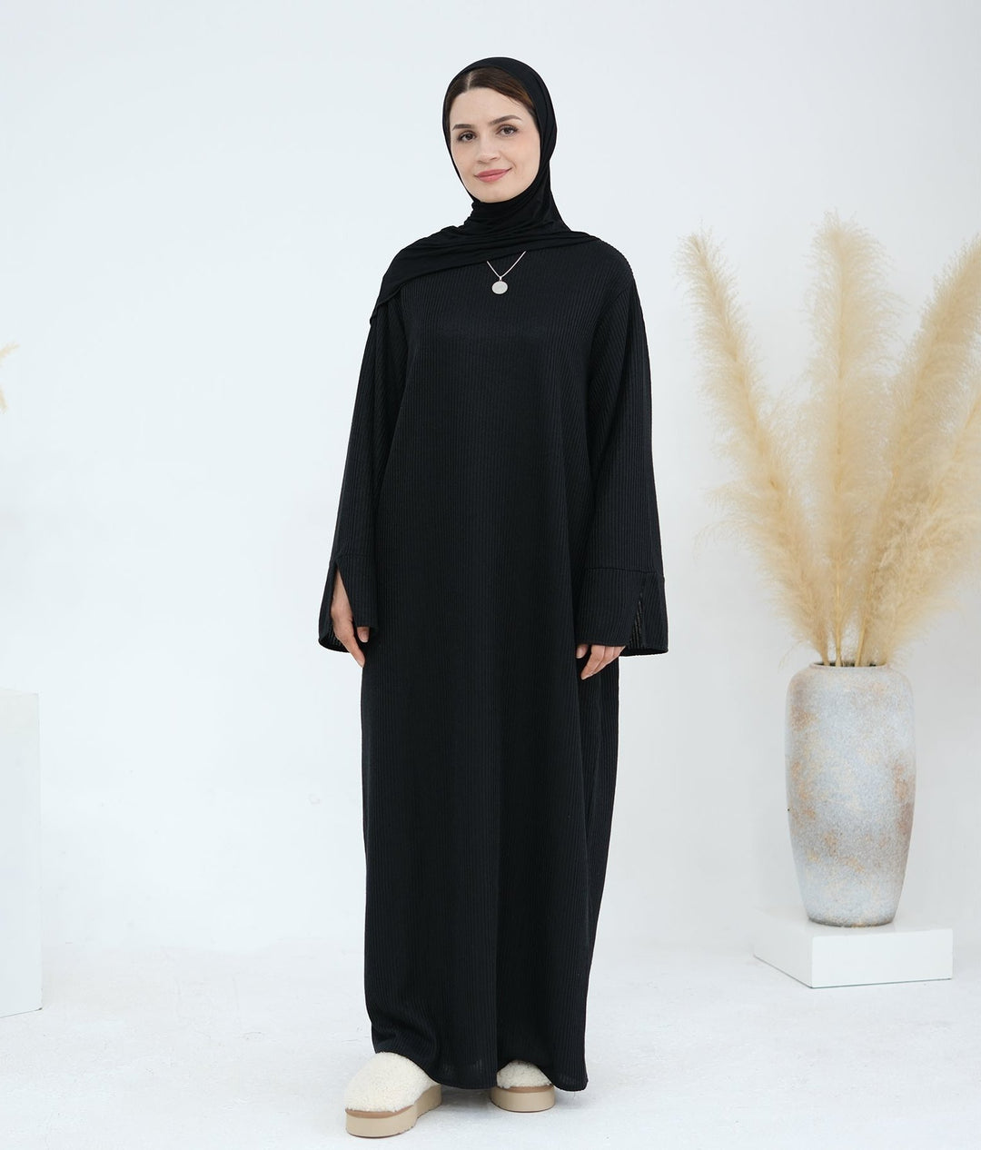 Get trendy with Seline Rib knit  Close Abaya - Black - Dresses available at Voilee NY. Grab yours for $54.90 today!