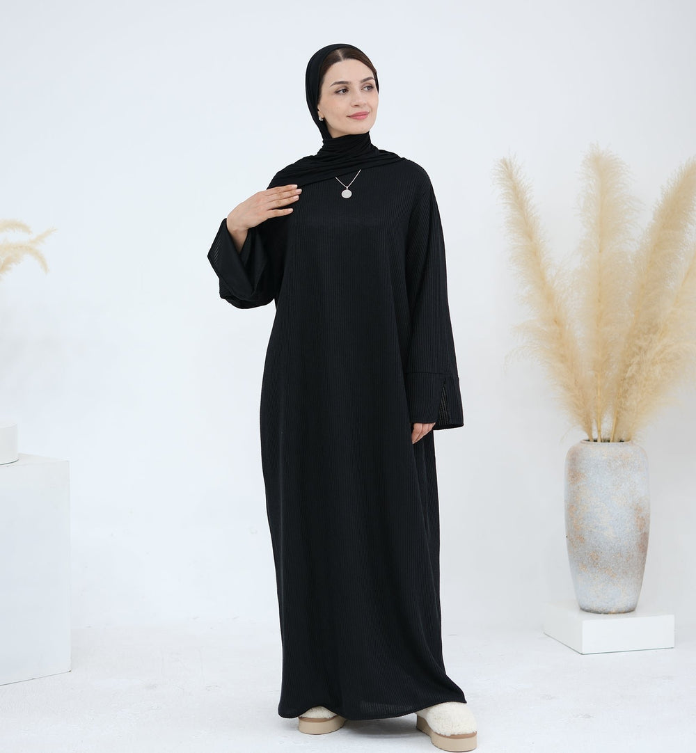 Get trendy with Seline Rib knit  Close Abaya - Black - Dresses available at Voilee NY. Grab yours for $54.90 today!