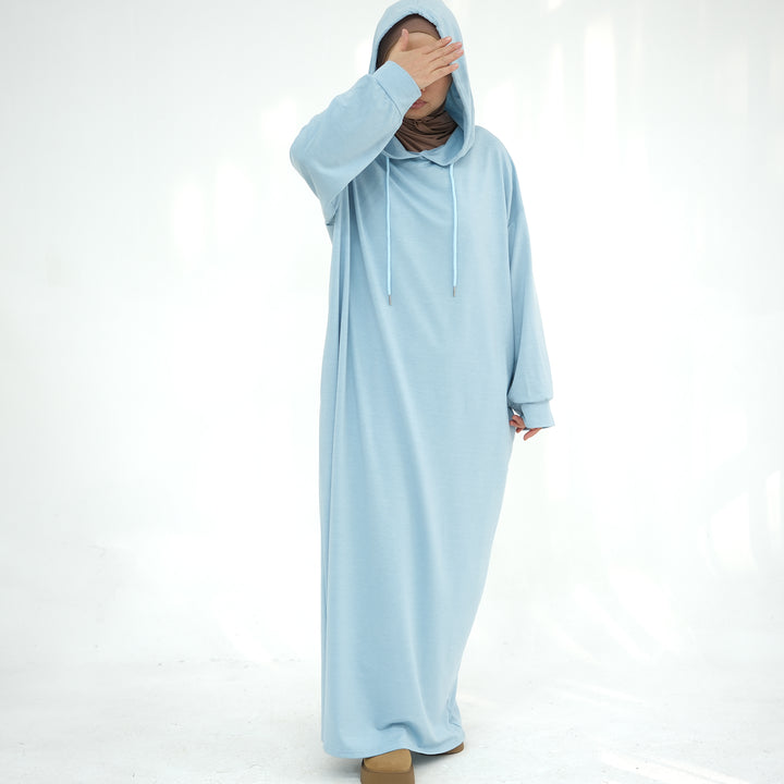 Get trendy with Alora Poly Hoodie Abaya - Blue -  available at Voilee NY. Grab yours for $49.90 today!