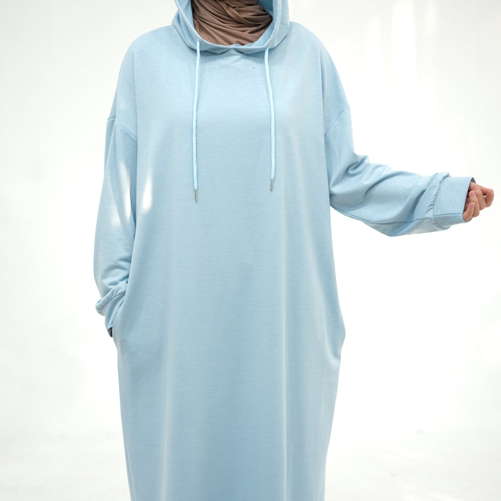 Get trendy with Alora Poly Hoodie Abaya - Blue -  available at Voilee NY. Grab yours for $49.90 today!