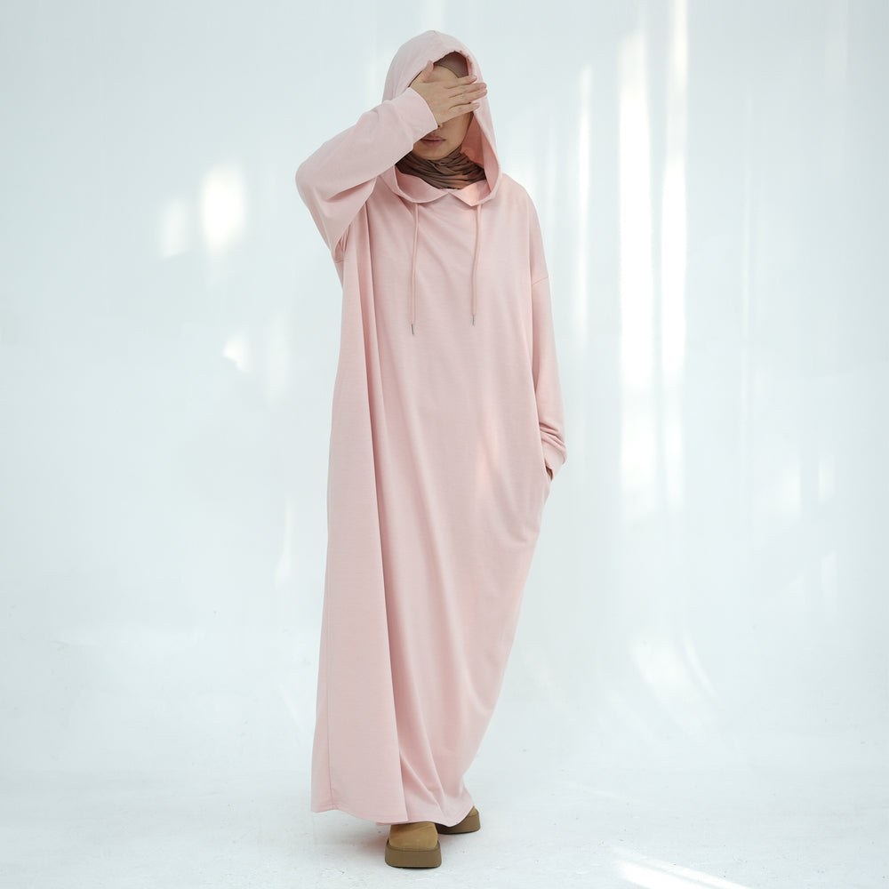 Get trendy with Alora Poly Hoodie Abaya - Pink -  available at Voilee NY. Grab yours for $49.90 today!