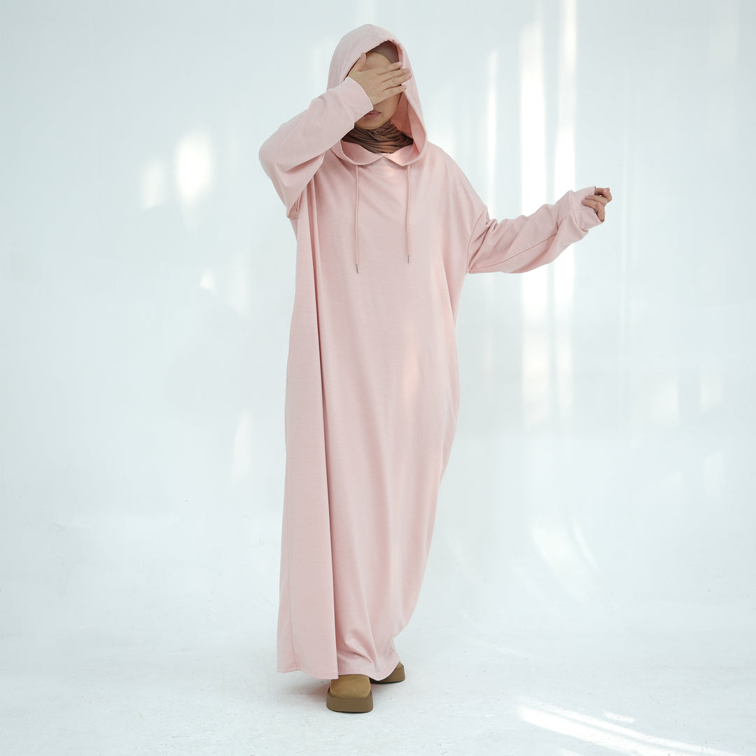 Get trendy with Alora Poly Hoodie Abaya - Pink -  available at Voilee NY. Grab yours for $49.90 today!