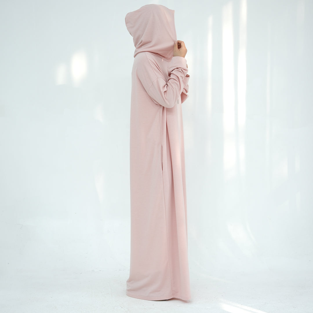 Get trendy with Alora Poly Hoodie Abaya - Pink -  available at Voilee NY. Grab yours for $49.90 today!