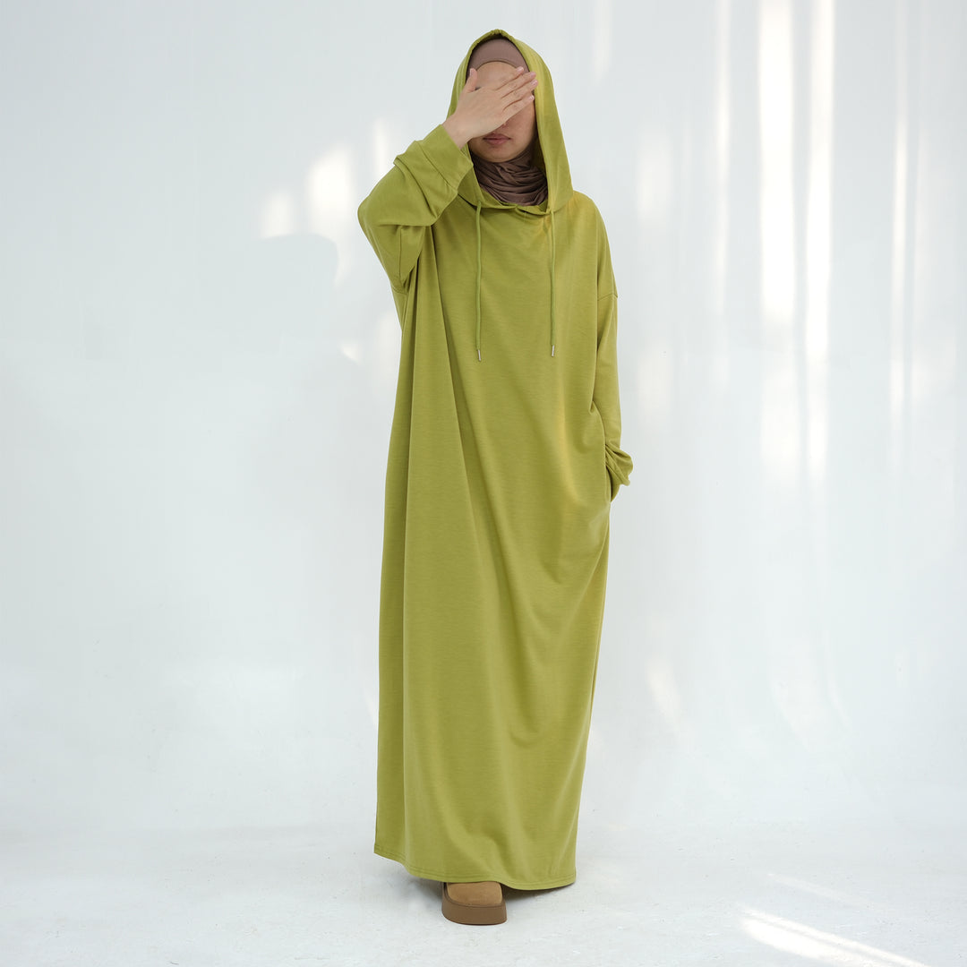 Get trendy with Alora Poly Hoodie Abaya - Green -  available at Voilee NY. Grab yours for $49.90 today!