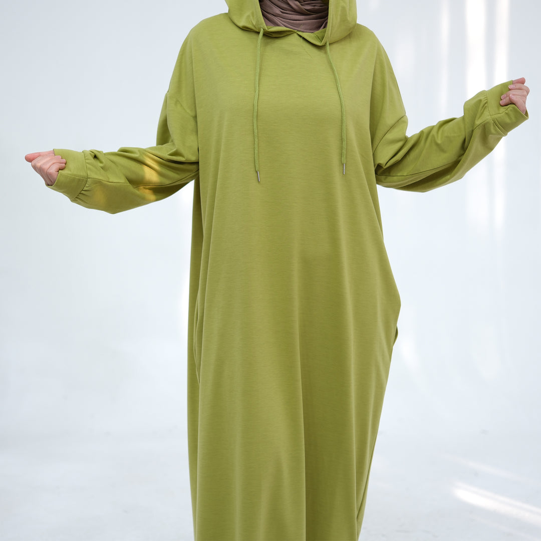 Get trendy with Alora Poly Hoodie Abaya - Green -  available at Voilee NY. Grab yours for $49.90 today!