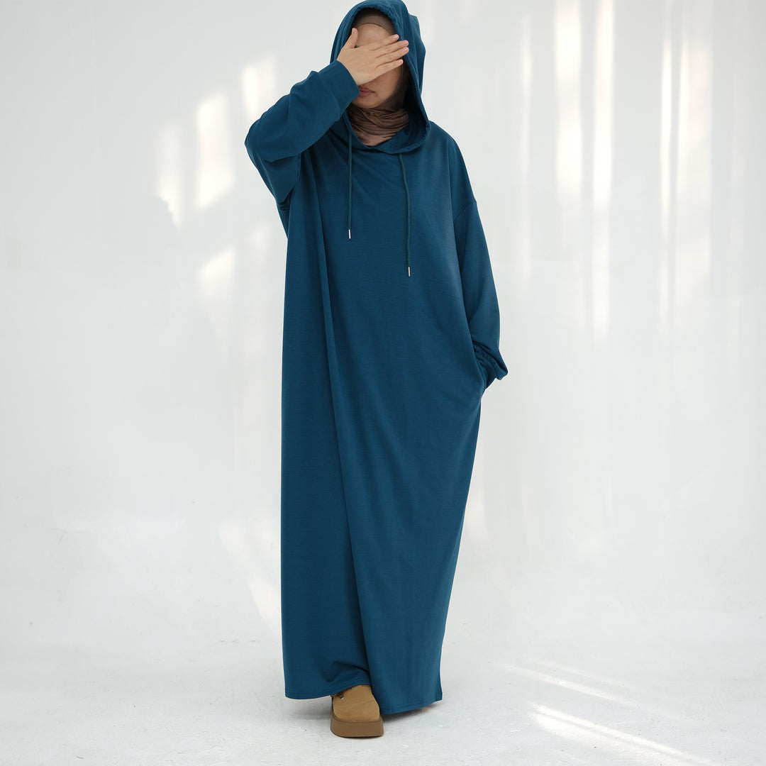 Get trendy with Alora Poly Hoodie Abaya - Teal -  available at Voilee NY. Grab yours for $49.90 today!