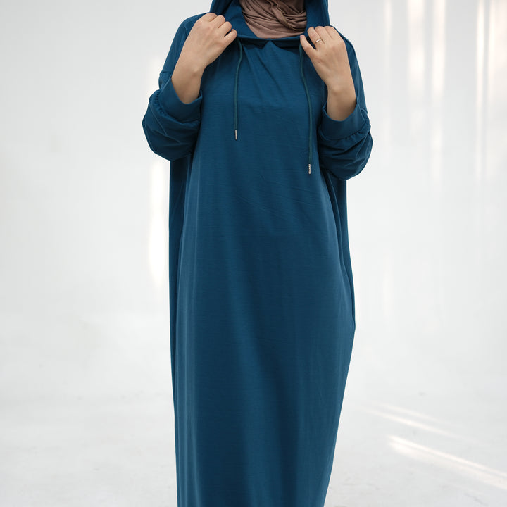 Get trendy with Alora Poly Hoodie Abaya - Teal -  available at Voilee NY. Grab yours for $49.90 today!