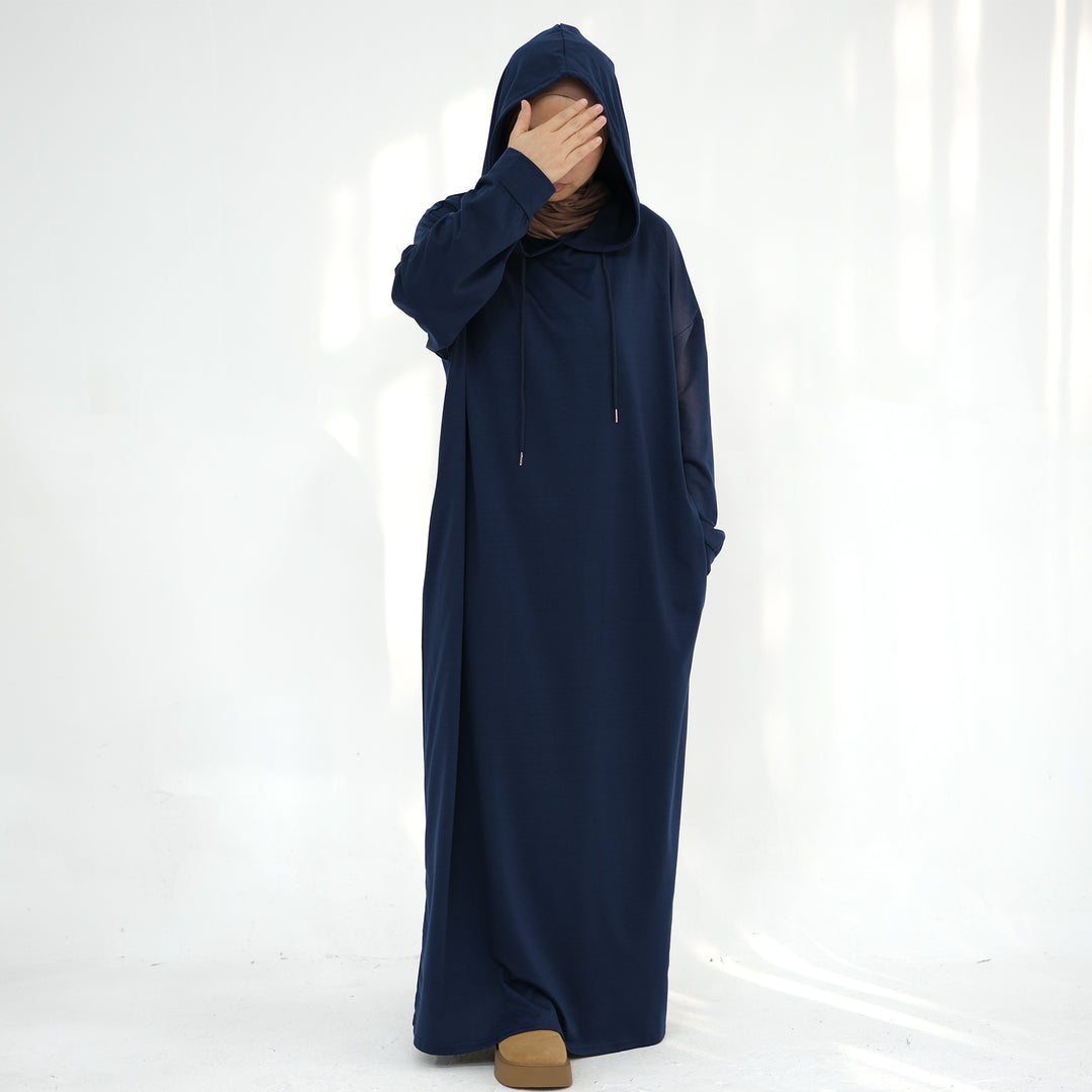 Get trendy with Alora Poly Hoodie Abaya - Navy -  available at Voilee NY. Grab yours for $49.90 today!