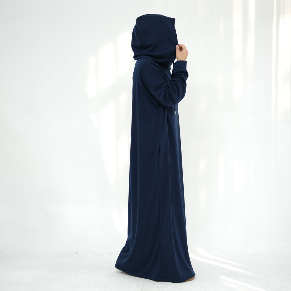 Get trendy with Alora Poly Hoodie Abaya - Navy -  available at Voilee NY. Grab yours for $49.90 today!