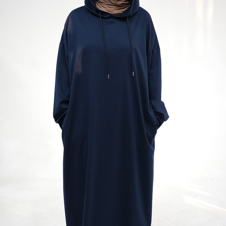 Get trendy with Alora Poly Hoodie Abaya - Navy -  available at Voilee NY. Grab yours for $49.90 today!