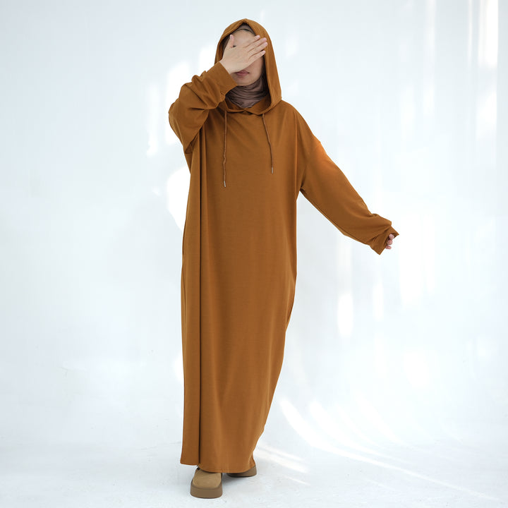 Get trendy with Alora Poly Hoodie Abaya - Ginger -  available at Voilee NY. Grab yours for $49.90 today!