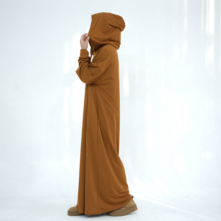 Get trendy with Alora Poly Hoodie Abaya - Ginger -  available at Voilee NY. Grab yours for $49.90 today!