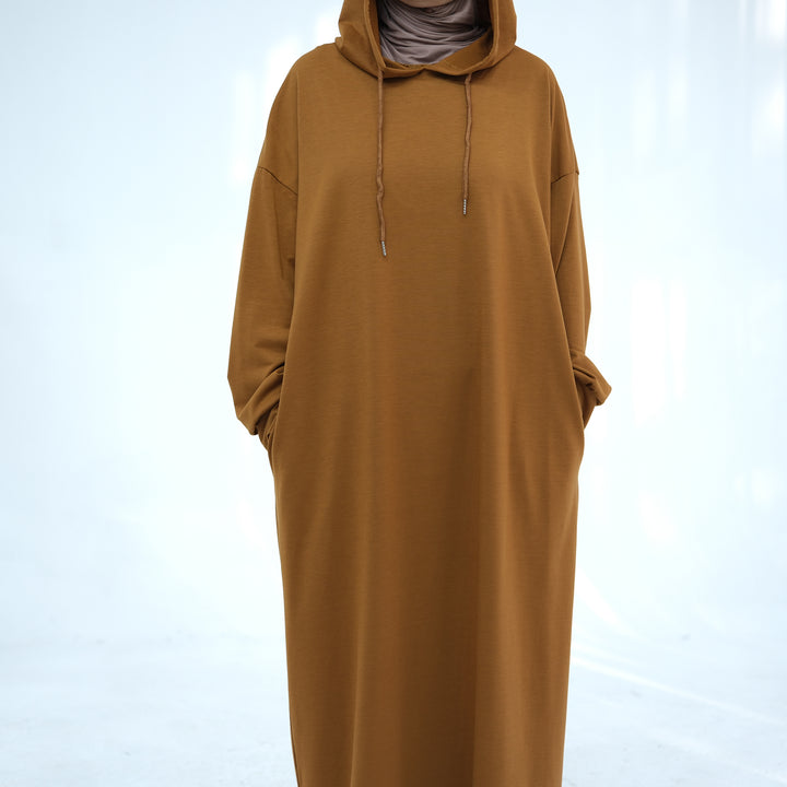 Get trendy with Alora Poly Hoodie Abaya - Ginger -  available at Voilee NY. Grab yours for $49.90 today!