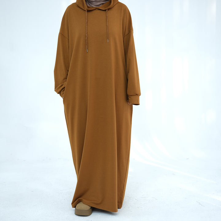 Get trendy with Alora Poly Hoodie Abaya - Ginger -  available at Voilee NY. Grab yours for $49.90 today!