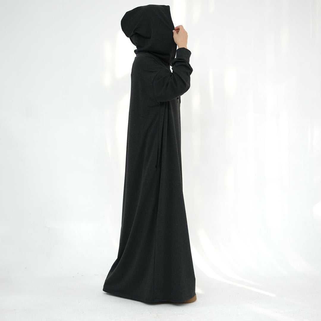 Get trendy with Alora Poly Hoodie Abaya - Charcoal Gray -  available at Voilee NY. Grab yours for $49.90 today!