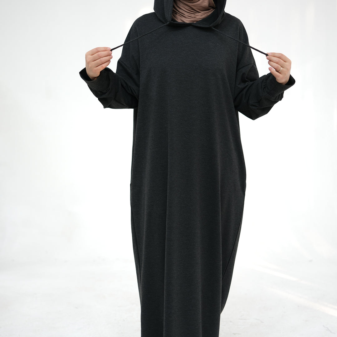 Get trendy with Alora Poly Hoodie Abaya - Charcoal Gray -  available at Voilee NY. Grab yours for $49.90 today!