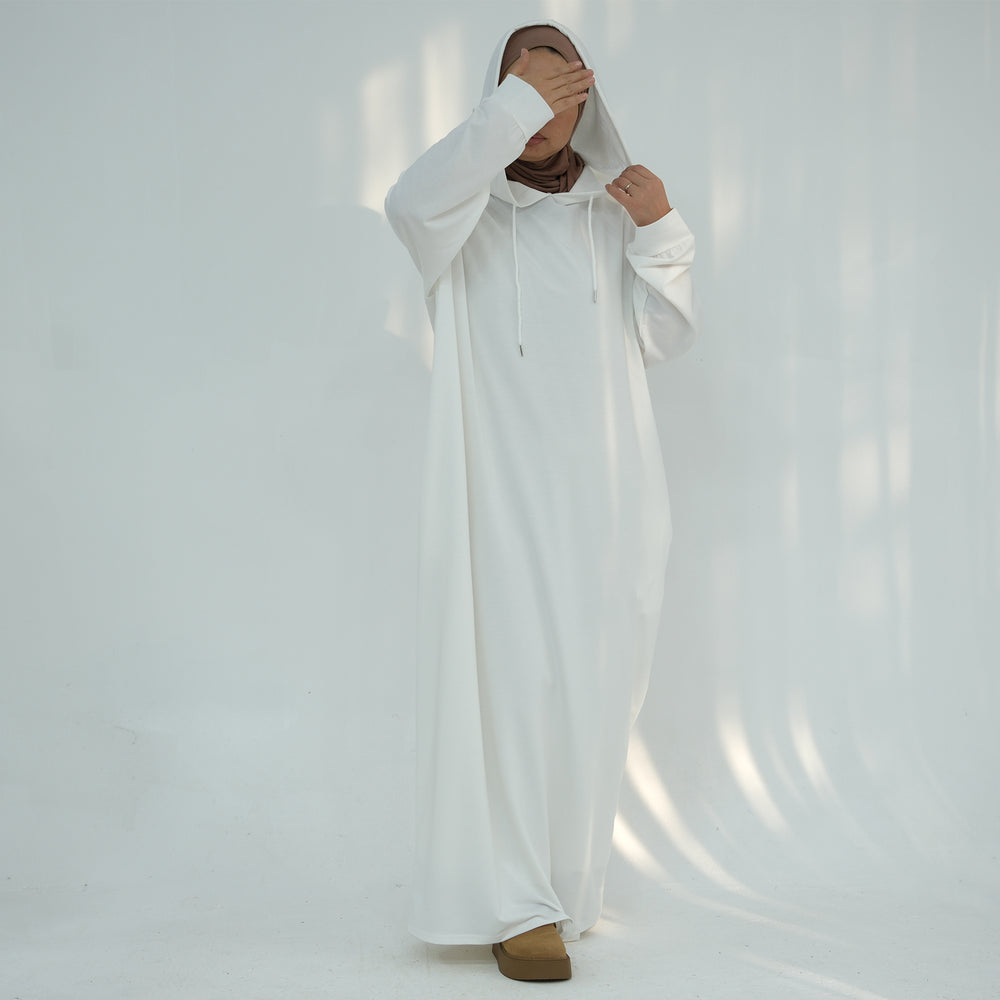 Get trendy with Alora Poly Hoodie Abaya - White -  available at Voilee NY. Grab yours for $49.90 today!