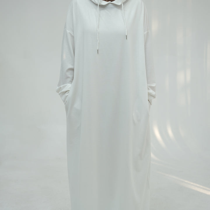 Get trendy with Alora Poly Hoodie Abaya - White -  available at Voilee NY. Grab yours for $49.90 today!