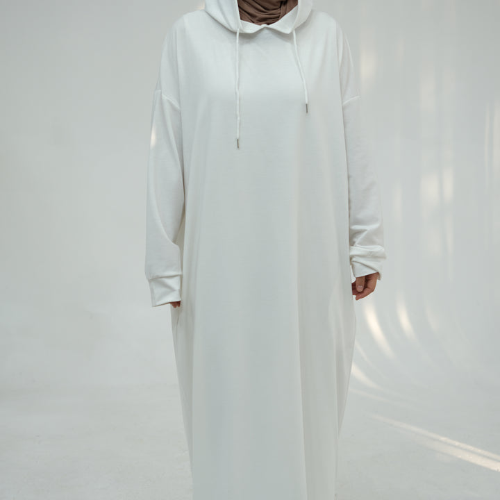 Get trendy with Alora Poly Hoodie Abaya - White -  available at Voilee NY. Grab yours for $49.90 today!