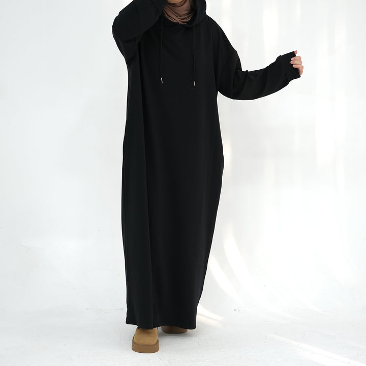 Get trendy with Alora Poly Hoodie Abaya - Black -  available at Voilee NY. Grab yours for $49.90 today!