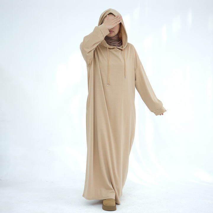 Get trendy with Alora Poly Hoodie Abaya - Tan -  available at Voilee NY. Grab yours for $49.90 today!